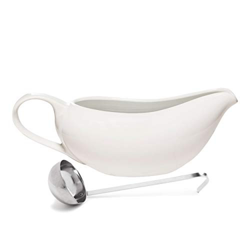 White Porcelain Gravy Boat with Stainless Steel Gravy Ladle White Porcelain Gravy Boat with Stainless Steel Gravy Ladle