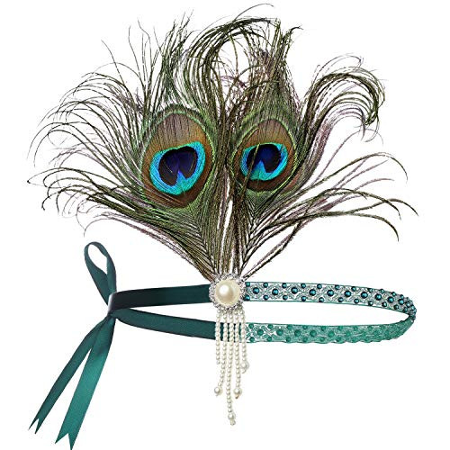 BABEYOND Vintage 1920s Flapper Headband Roaring 20s Great Gatsby Headpiece with Feather 1920s Flapper Gatsby Hair Accessories Peacock