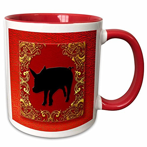3dRose 101852_5 Zodiac Pig Chinese New Year Red, Gold and Black Ceramic Mug, 11 oz White