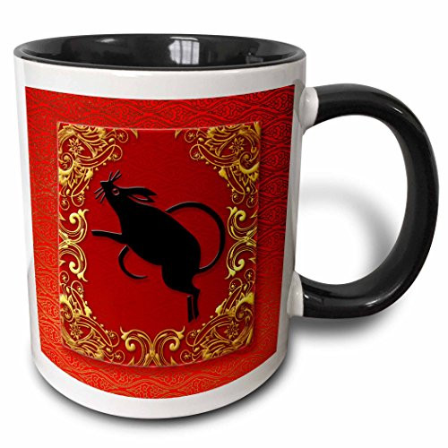 3dRose 101853_4 Zodiac Rat Chinese New Year Red, Gold and Black" Ceramic Mug 11 oz White