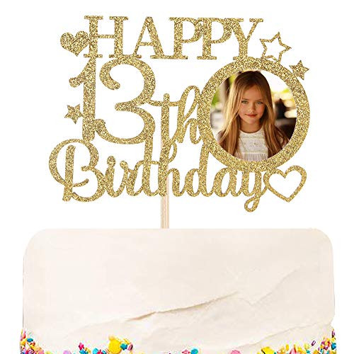 Halodete Glitter Happy 13th Birthday Cake Topper with Photo Frame  Hello Thirteen  Teenager 13th Birthday Party cake decoration Gold