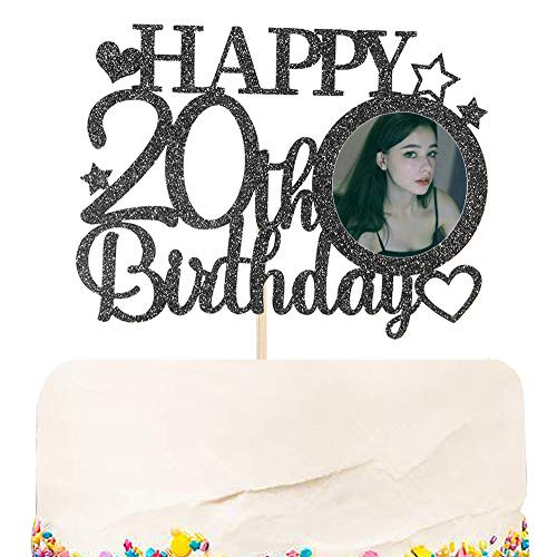 Halodete Glitter Happy 20th Birthday Cake Topper with Photo Frame  Hello Twenty  20th Birthday Party cake decoration Black