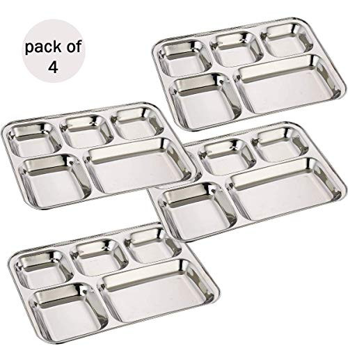 IndiaBigShop Stainless Steel Rectangular Thali Plate 5 compartment Thali Mess Trays Kids Lunch and Dinner Set of 4 IndiaBigShop Stainless Steel Rectangular Thali Plate 5 compartment Thali Mess Trays Kids Lunch and Dinner Set of 4