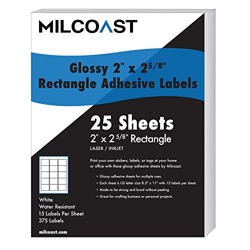 Milcoast Glossy Adhesive 2 x 258 Rectangle Shaped Labels  for LaserInkjet Printers  375 Labels 25 Sheets
