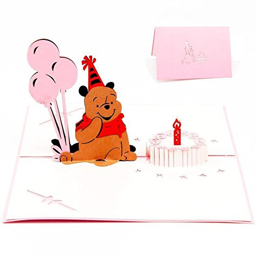 PopUpCard-32 3D Birthday Pop Up Card and Envelope - Funny Unique Pop Up Greeting Card Gift for Birthday saying Happy Birthday. Pink Winnie the Pooh b-day
