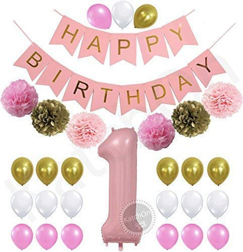 1st Birthday Girl Decorations Kit - Beautiful Pastel Colors for Baby's First Birthday Decorations - Number One Balloon - Pink Happy Birthday Banner - Gold, Light and Baby Pink Pom Poms and Balloons