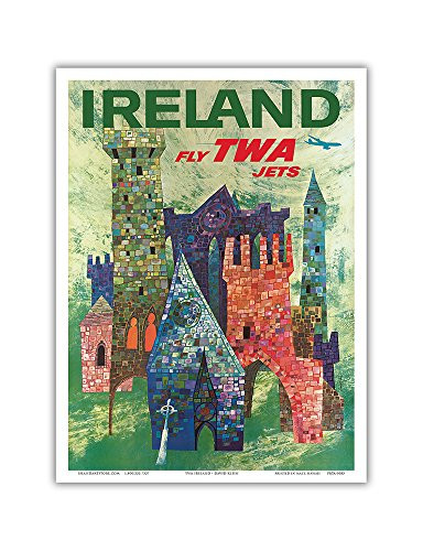 Ireland - Fly TWA Jets - Trans World Airlines - Boeing 707 over Irish Colorful Castles - Vintage Airline Travel Poster by David Klein c.1960 - Master Art Print - 9in x 12in