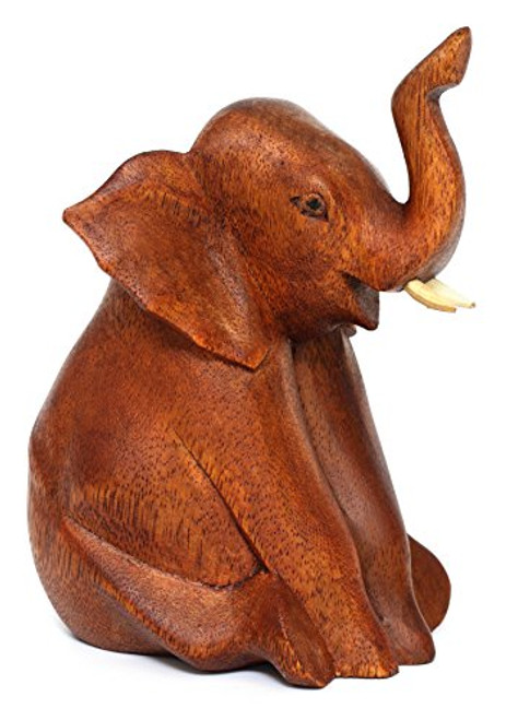 G6 Collection Wooden Hand Carved Sitting Elephant Statue Figurine Sculpture Art Decorative Rustic Home Decor Accent Handmade Handcrafted Decoration Wood Sitting Elephant