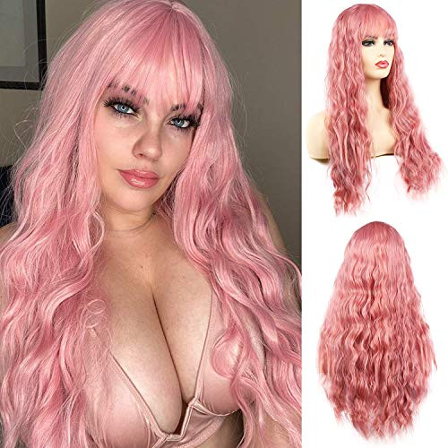 Womens Long Curly Wavy Pink Wigs with Bangs Halloween Cosplay Costume Full Wigs Synthetic Fiber Replacement Heat Resistant Party Hair Wig with Wig Cap