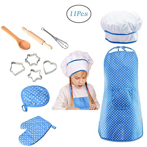 Meihuida Kids Chef Set for Girls, 11Pcs Cooking and Baking Set for Kids Toddler Dress up Pretend Play Kitchen Chef Costume Set with Apron, Chef Hat, Cooking Mitt and Cookie Cutters (Blue)