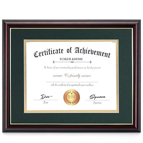 ELSKERHOME Document Frame  Matte Reddish Brown Wood Color Frame  Made for Certificates Sized 85x11 Inch with Mat and 11x14 Inch Without Mat Double Mat Green with Golden Rim