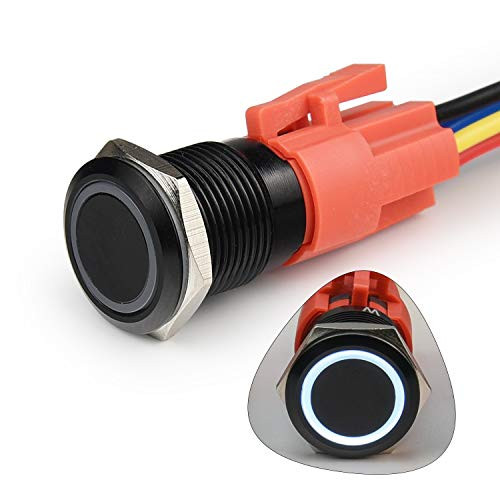 STARELO 16MM 58 Latching Push Button Switch 5A 12V 1NO1NC SPDT ONOFF Waterproof Aluminum Black Shell with LED Ring with Wire Socket Plug White