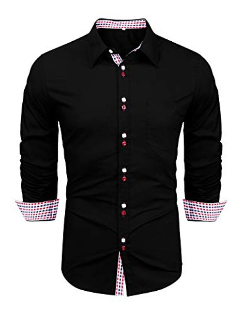 LecGee Mens Casual Cotton Dress Shirt Long Sleeve Plaid Collar Slim Fit Button Down Shirts Black LecGee Mens Casual Cotton Dress Shirt Long Sleeve Plaid Collar Slim Fit Button Down Shirts Black