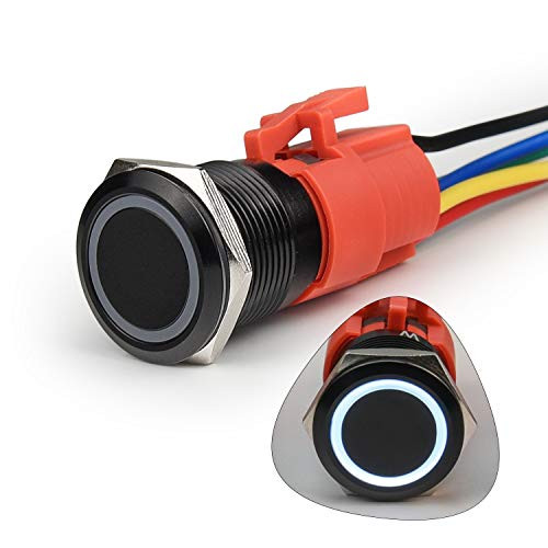 STARELO 19MM 34 Latching Push Button Switch 5A 12V 1NO1NC SPDT ONOFF Waterproof Aluminum Black Shell with LED Ring with Wire Socket Plug White