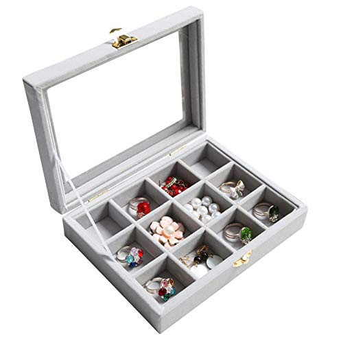 Wuligirl 12 Grid Velvet Glass Jewelry Ring Display Organizer Box Tray Holder Storage Case Rings Earrings Bracelet(12 Grid)
