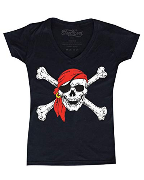 shop4ever Pirate Skull  Crossbones Womens VNeck TShirt Pirate Flag Shirts Large Black 11224