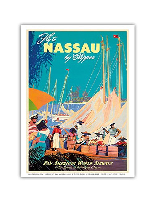 Fly to Nassau by Clipper - New Providence Island, The Bahamas - Pan American World Airways (PAA) - Vintage Airline Travel Poster by Mark Von Arenburg c.1950s - Master Art Print - 9in x 12in Fly to Nassau by Clipper - New Providence Island, The Bahamas - Pan American World Airways (PAA) - Vintage Airline Travel Poster by Mark Von Arenburg c.1950s - Master Art Print - 9in x 12in