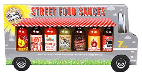 Thoughtfully Gifts Street Food Sauces Hot Sauce and BBQ Gift Set 17 Ounces Each Flavors Include Diablo Wings Sauce Mexican Style Lousiana Style Wing Original BBQ and More