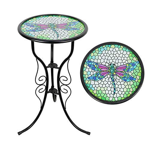 Liffy Outdoor Mosaic Side Table Dragonfly Bench Small Patio Round Printed Glass Table for Garden Yard or Lawn