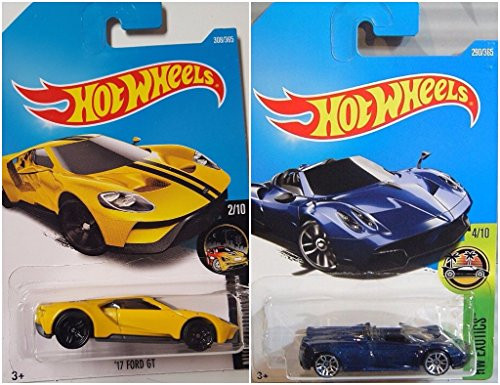 Hot Wheels '17 Ford GT Yellow 308/365 and '17 Pagani Huayra Roadster Blue 290/365 2 Car Set Bundle
