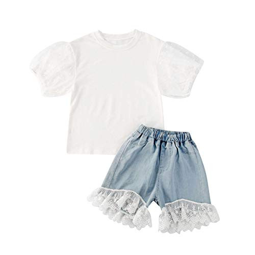 Ambabe Toddler Baby Girl Summer Clothes Short Puff Sleeves Solid White TShirt TopLace Ripped Blue Denim Shorts 2PCS Outfit Set 3T  4T