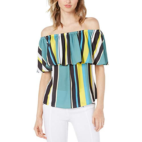 Bar III Womens Striped Ruffled Pullover Top Green S