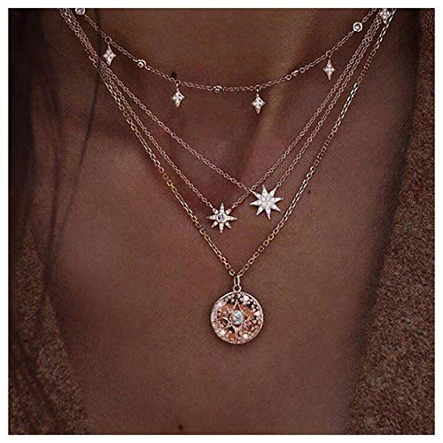 Anglacesmade Bohemia Layered Star Choker Necklace Coin Necklace Crystal Star Coin Pearl Charm Pendant Necklace Multilayer Station Chain for Women and Girls