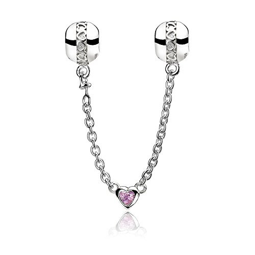 ATHENAIE 925 Sterling Silver Clear CZ Love Heart Connection Safety Chain Charms fit European Bracelets Pink