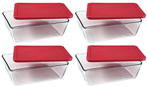 PYREX Containers Simply Store 6cup Rectangular Glass Food Storage Red Plastic Covers  Pack of 4 Containers