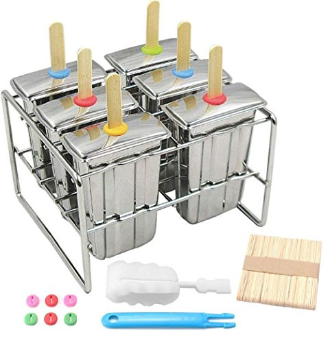 Ice Lolly Mold Stainless Steel Popsicle Mold Ice Cream Mould with Stainless Steel Stick Holder Base Lolly Maker Set Ice Pop Mold DIY Ice Cream Mould Maker Freezer Set of 6