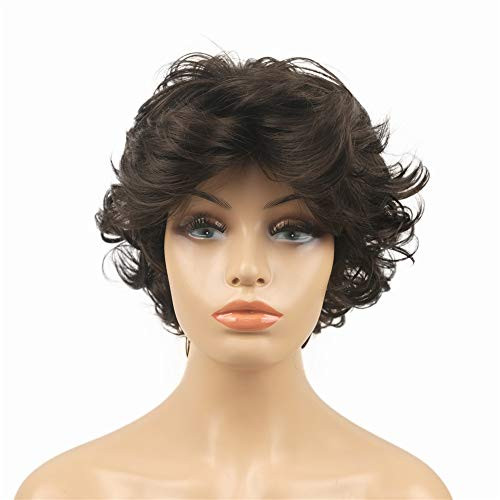 Wiginway Short Curly Wavy Synthetic Hairpiece Wigs with Bangs for Women Girls Chestnut Brown