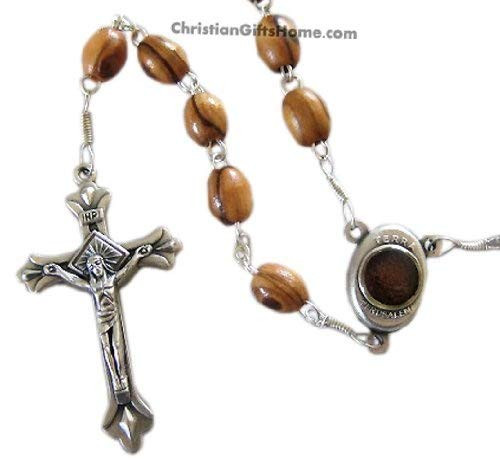 Olive Wood Rosary with Holy Land Soil  Hand Made in Bethlehem  Christian Crucifix