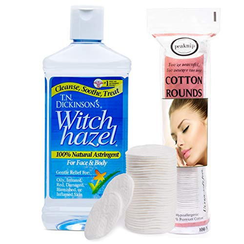 TN Dickinsons 16 oz Witch Hazel 100 Natural Astringent with 100 Pcs Cotton Rounds