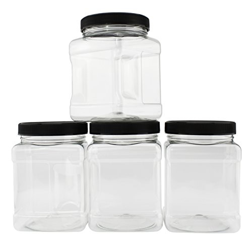 32-Ounce Square Plastic Jars (4-Pack); Clear Rectangular 4-Cup Canisters w/ Black Lids, Easy-Grip Side