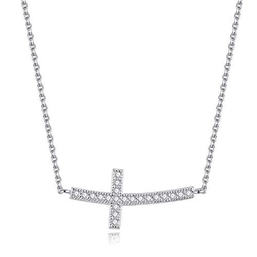 Spoil Cupid 925 Sterling Silver Cubic Zirconia Curved Sideways Cross Necklace For Women 18