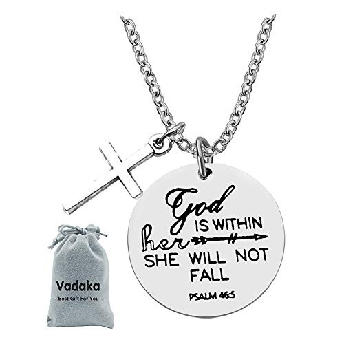 Christian Necklace Religious Verse Gift Prayer Charm Necklace Faith Religious Jewelry for Women Girls God is Within Her She Will Not Fall Necklace Gift for Birthday Christmas