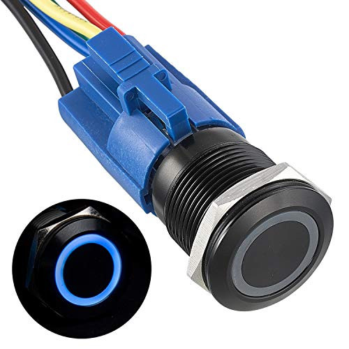 APIELE 3 Year Warranty 19mm Latching Push Button Switch 12V DC Angel Eye Halo Ring LED Metal 074 1NO1NC SPDT with Wire Socket Plug Blue LEDBlack Shell