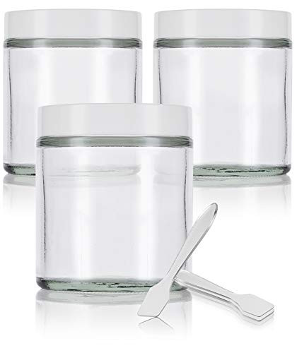 Clear Thick Glass Straight Sided Jar with White Smooth Lids  4 oz  120 ml 3 pack  Spatulas