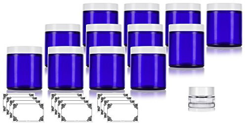 Cobalt Blue Thick Glass Straight Sided Jar with White Smooth Lids  4 oz  120 ml 12 pack  Labels  Small Glass Balm Jar