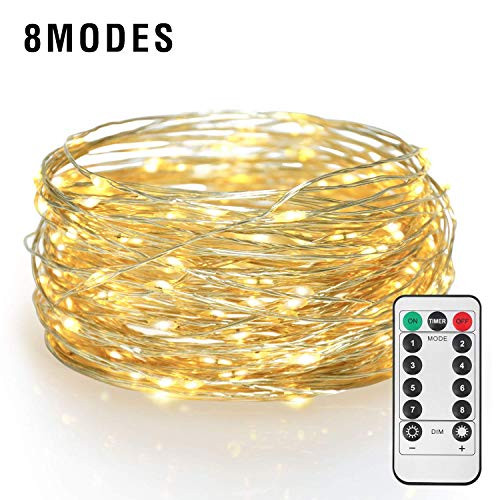 ETHINK 100 LED 32.8ft Auto Timer 8 Modes Remote Control Battery Operated Waterproof Dimmable Fairy String Copper Wire Lights for Christmas, Bedroom, Party, Patio, Wedding, Warm White (100LED)