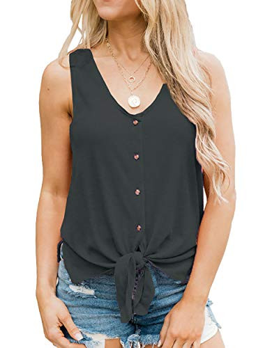 Apofer Womens Casual Tie Front Button Down Shirts Blouses Summer Sleeveless V Neck Tank Tops Black
