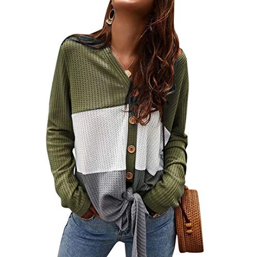 MOOSLOVER Women Waffle Knit Tunic Blouse Long Sleeve Tie Knot Henley Tops Loose Fitting ShirtsXLGreen