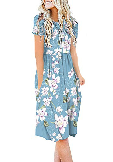 DB MOON Women Summer Casual Short Sleeve Dresses Empire Waist Dress with Pockets Flower Light Blue M DB MOON Women Summer Casual Short Sleeve Dresses Empire Waist Dress with Pockets Flower Light Blue M