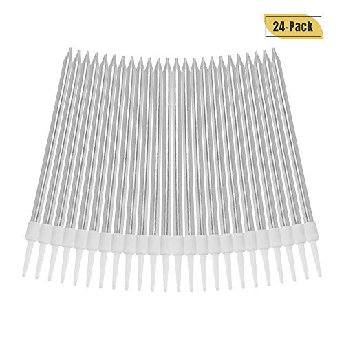 Aplusplanet 24 Count Silver Long Thin Cake Candles Metallic Cake Candles in Holders for Cupcake Wedding Party Cake Birthday Cake Decorations