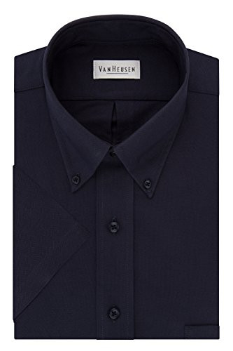 Van Heusen Mens Short Sleeve Dress Shirt Regular Fit Oxford Solid Navy Medium