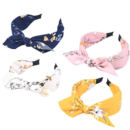Knotted Headbands Bow Bowknot Wide Turban Headbands Thick Cute Floral Hair Bands Elastic Criss Cross Headbands for Women and Girls 4 Colors