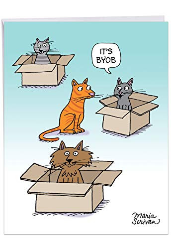 NobleWorks  Bring Your Own Box  Funny Cat Happy Birthday Greeting Card with Envelope Extra Large 85 x 11 Inch J7278BDGUS