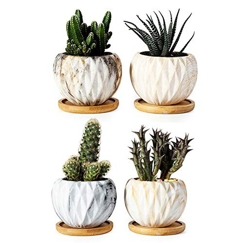 GARDENPLUS Succulent Planters 35 Inch Round Marbling Ceramic Succulent Plant Pots with Bamboo Tray and Drainage Hole  Set of 4