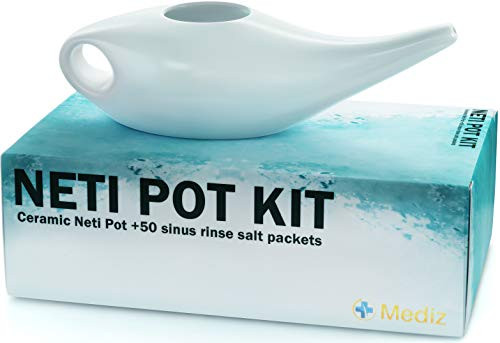 Neti Pot Kit with 50 Saline Packets 100 Days 3 Months Ceramic Sinus Rinse Nasal Congestion Relief Natural Nose Irrigation System Salt Wash for Sinus Infections Allergies and Congestion Relief
