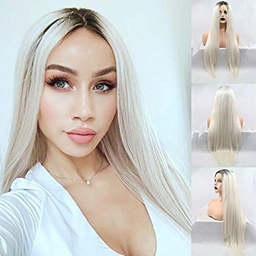 Karrisa Hair Platinum Blonde Lace Front Wigs for Women Blonde Long Synthetic Wigs with Dark Roots Ombre Blonde Long Straight Wigs Glueless Heat Resistant Cosplay Daily Party Use 24inches Karrisa Hair Platinum Blonde Lace Front Wigs for Women Blonde Long Synthetic Wigs with Dark Roots Ombre Blonde Long Straight Wigs Glueless Heat Resistant Cosplay Daily Party Use 24inches